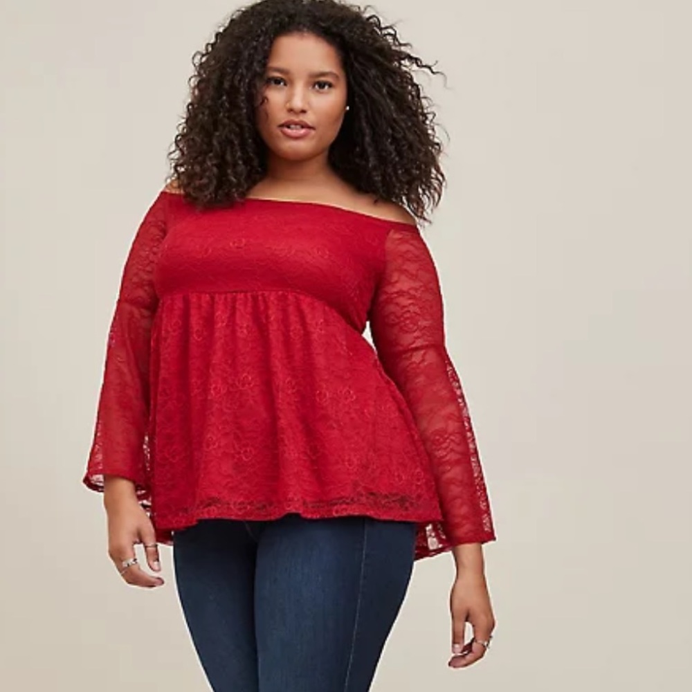 Torrid Size 1 Red Stretch Lace Bell Sleeve Off-Shoulder Babydoll Top NWT